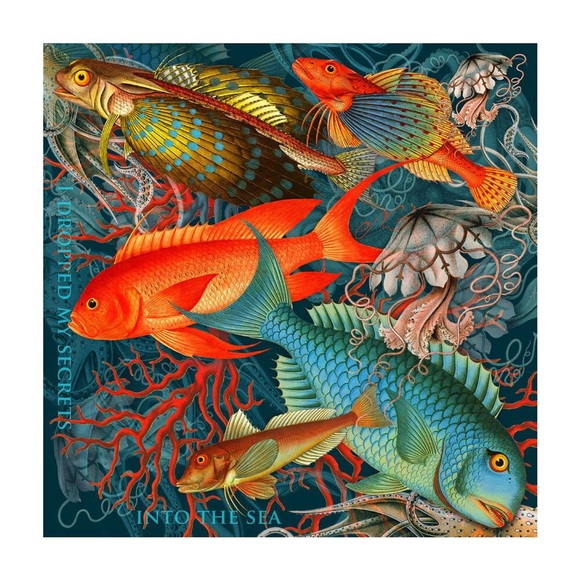 Square 36x36" 100% silk charmeuse scarf "Secrets" grey blue coral reef fish - Picture 2 of 6